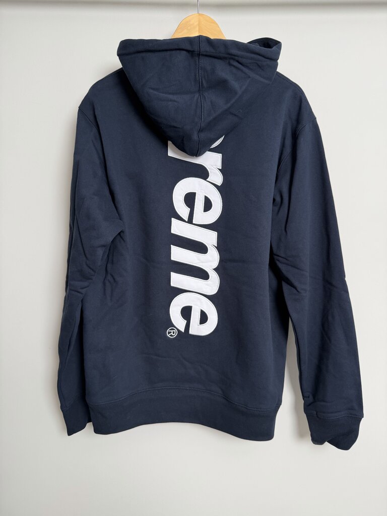 New Supreme Spellout Silk Logo Navy White Hoodie size L