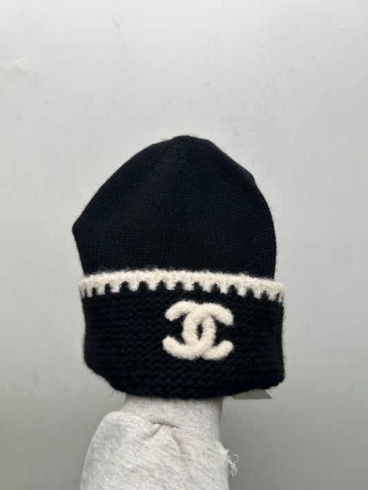 New Chanel Black White Top CC Knit Beanie