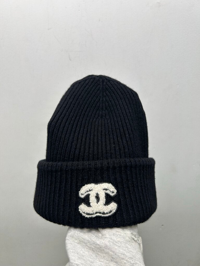 Preowned Chanel Beanie Black White CC Logo Beanie