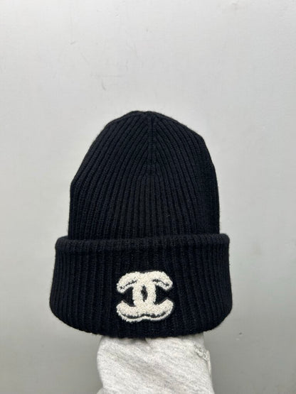 Preowned Chanel Beanie Black White CC Logo Beanie