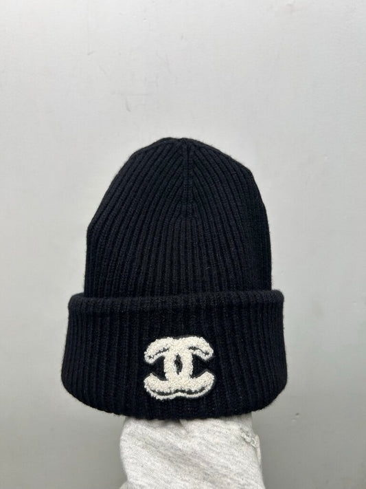 Preowned Chanel Beanie Black White CC Logo Beanie